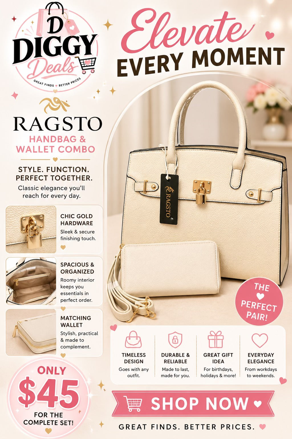 Ragsto Handbag & Wallet Combo – Classic Ivory